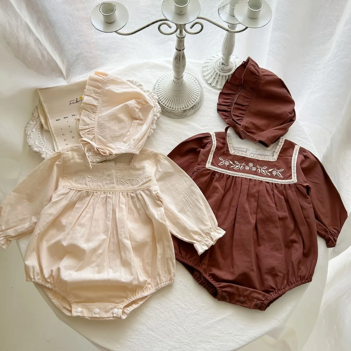 

Mengoqq Infant Baby Girls Autumn Spring Embroidered Lace Collar Outwear Jumpsuits Newborn Kids Cotton Bodysuits Gift Hat 0-3Y