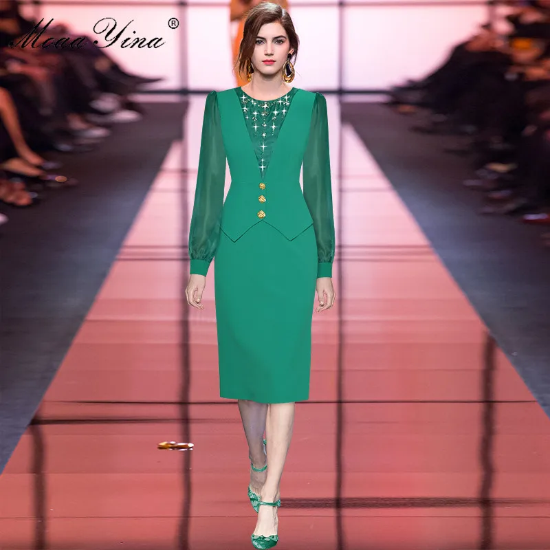 

Dresses For Women 2023 Elegant High Quality Luxury Designer Spring Long sleeve Beading Diamonds Package hip Temperament Dress