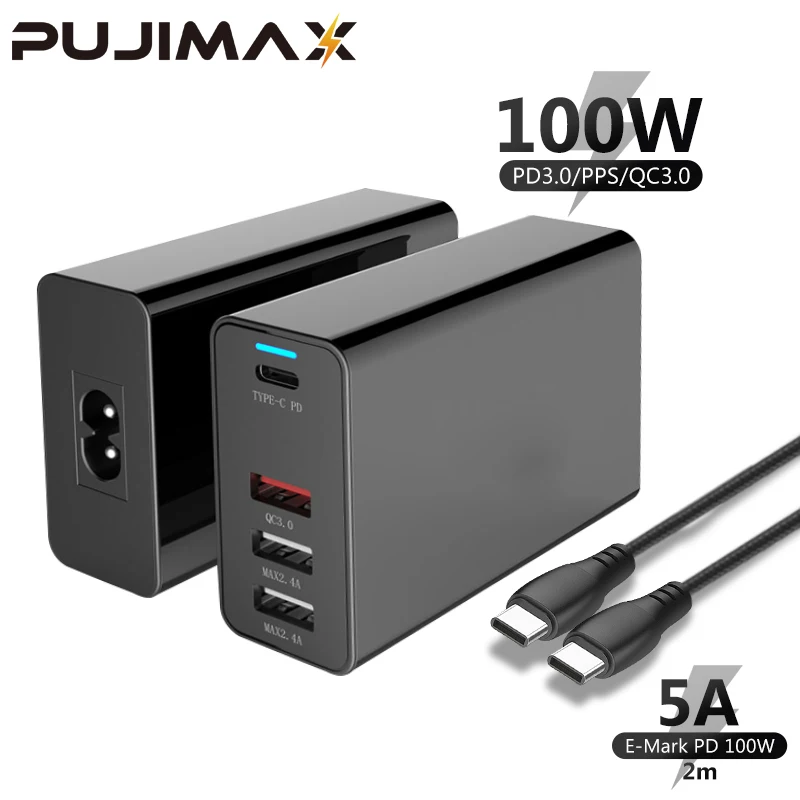 

PUJIMAX 100W Charger EU/US/UK USB C PD87W/65W/45W/30W/18W Adapter With 2m 100W Cable Power Station for Macbook Pro iPhone XS XR
