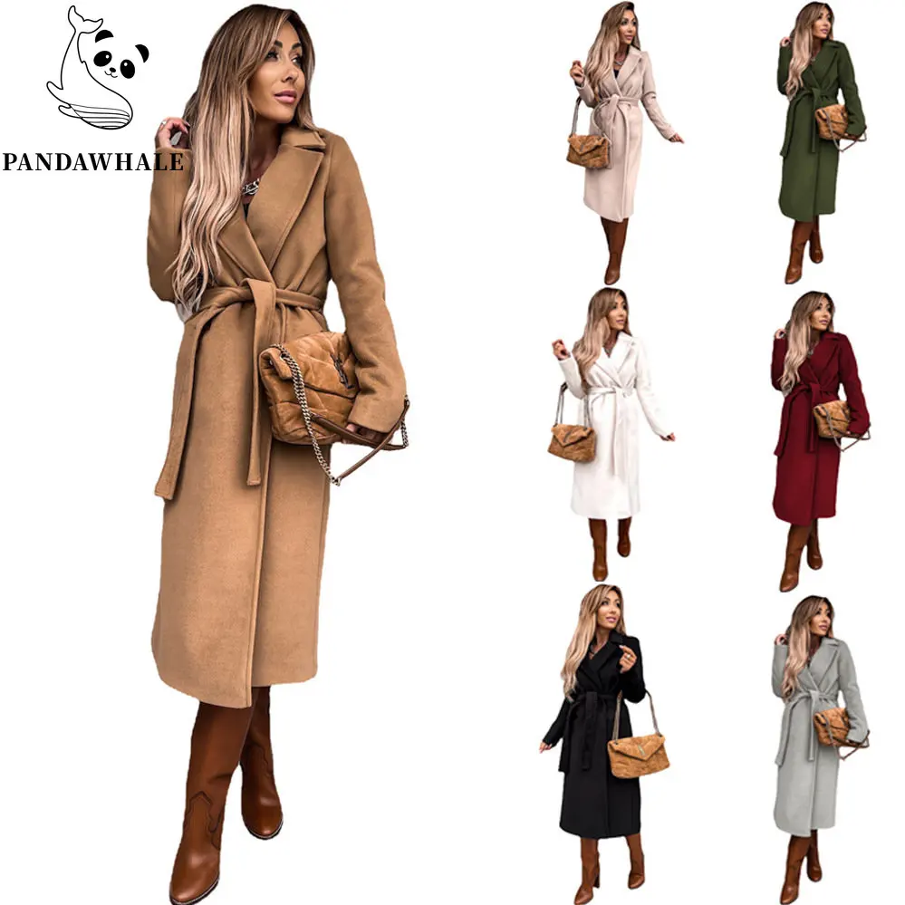 

2022 New Autumn Winter Women Long Streetwear Woolen Jackets Solid Loose Belt Pockets Wool Blends Coat Famale Clothing Parkas