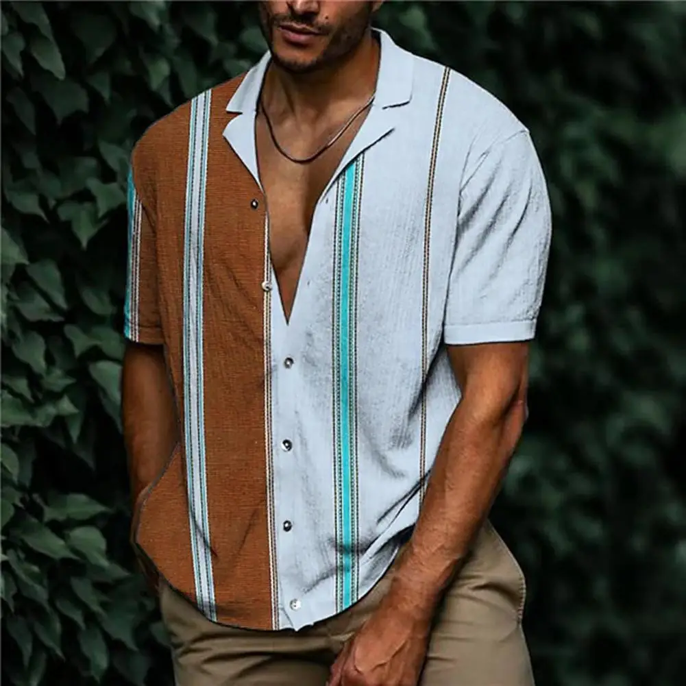 

Shirt Stylish Anti-pilling Turn-down Collar Lapel Color Matching Summer Tops Male Clothing