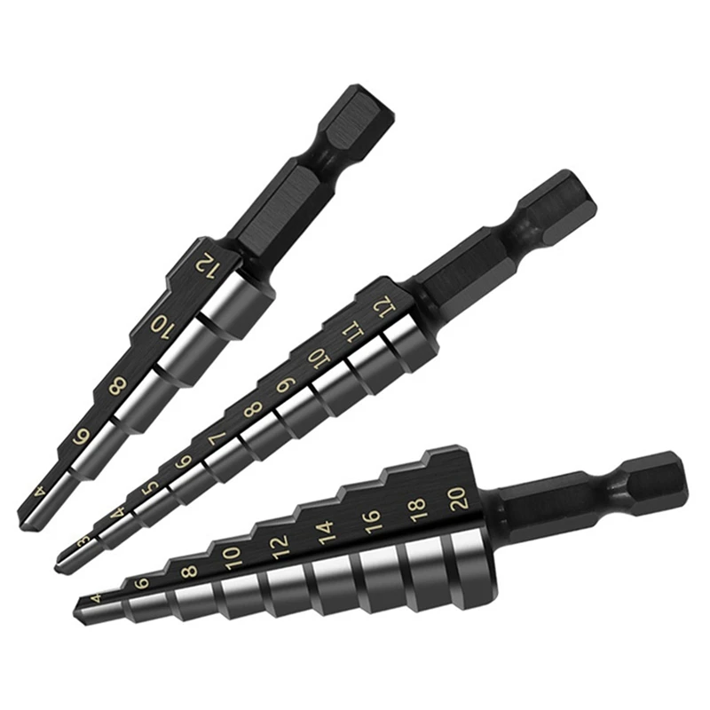 

3Pcs Black HSS Step Drill Bit Set For 3-12Mm/4-12Mm/4-20Mm Drill Bit Set, Hex Shank Quick Change Power Tools