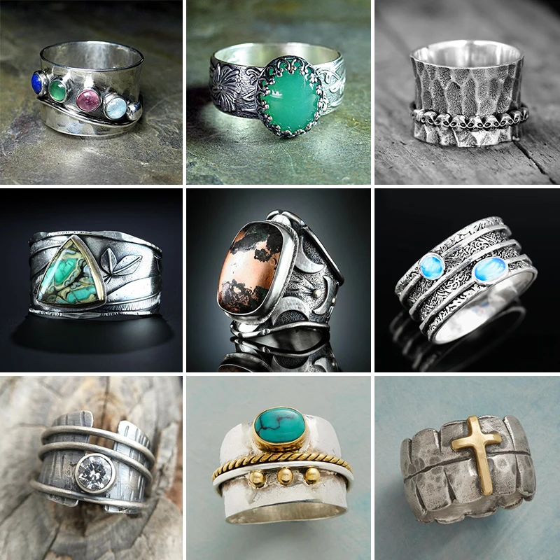 

Vintage Colorful Stone Rings for Women Gothic Chunky Knuckle Finger Ring Men's Punk Silver Color Party Retro Jewelry Gift