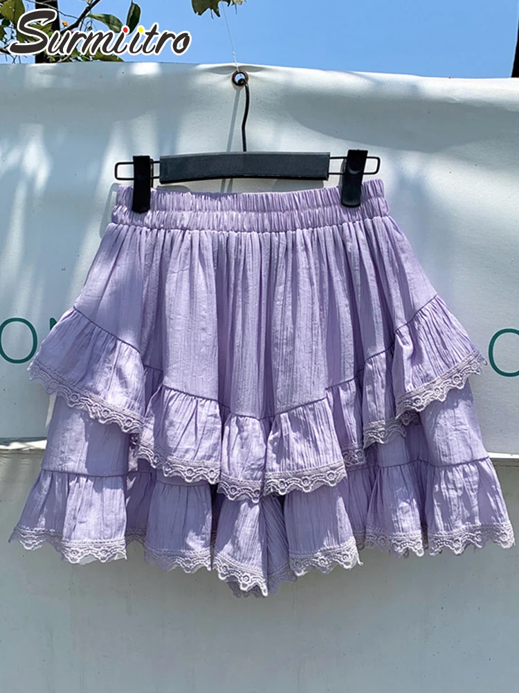 

SURMIITRO 2022 Summer Korean Fashion Purple White Lace Ruffles Pleated Mini Skirt Women High Waist A Line Short Skirt Female