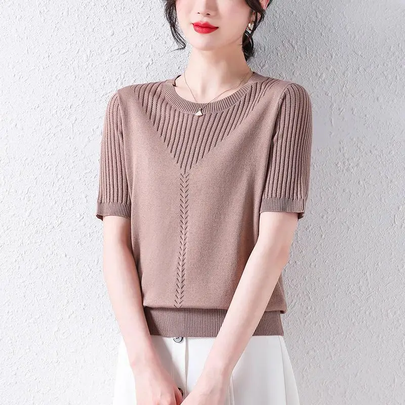 

Casual Knitted T-Shirt Women Solid Colors O-Neck Knitwear Pullover Summer Soft Elastic Korean Tee Plus Size Short Sleeve Tops
