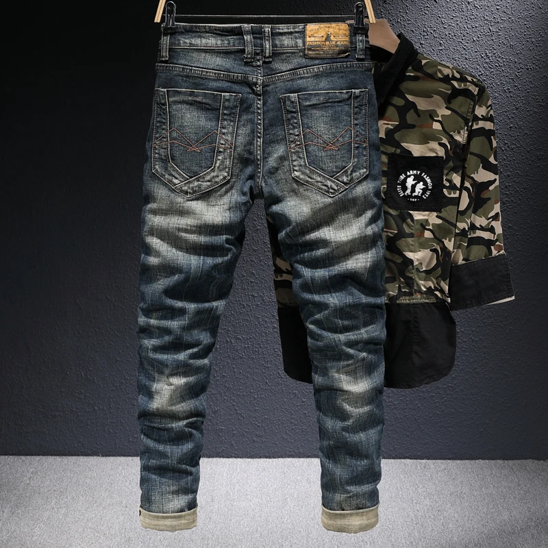 Italian Style Fashion Men Jeans Retro Black Blue Stretch Slim Ripped Jeans Men Embroidery Designer Vintage Denim Pants Hombre