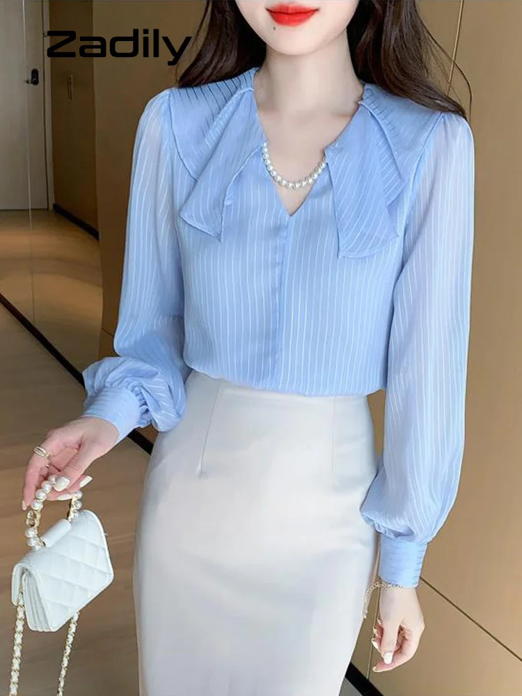 

Женская полосатая блузка с длинным рукавом, Повседневная прозрачная голубая рубашка в Корейском стиле, женская одежда на лето
