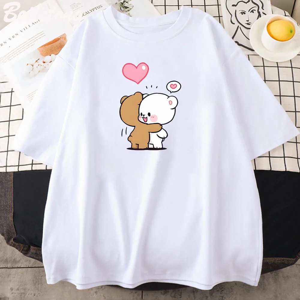 Top Milk Mocha Bear Walking In Love Valentines Lovers T-shirt Short Sleeve 2022 Summer New 100% Cotton Tshirts Fashion  Regular