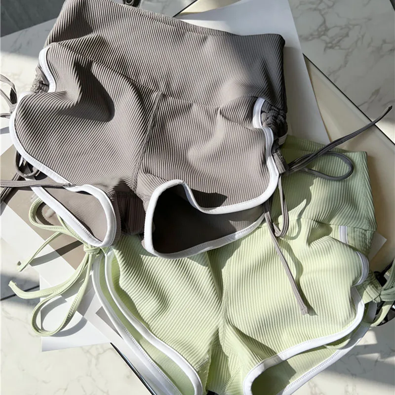 Women Drawstring High Waist Sports Shorts  Nude Running Drawstring Yoga Shorts Gym Leggings Workout