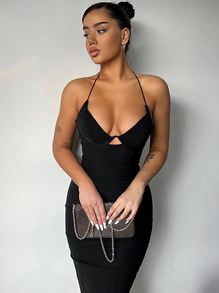 

Summer Elegant Female Strap V Neck Lace-Up Slit Midi Dress Womens Black Backless Sexy Pencil Club Party Dresses