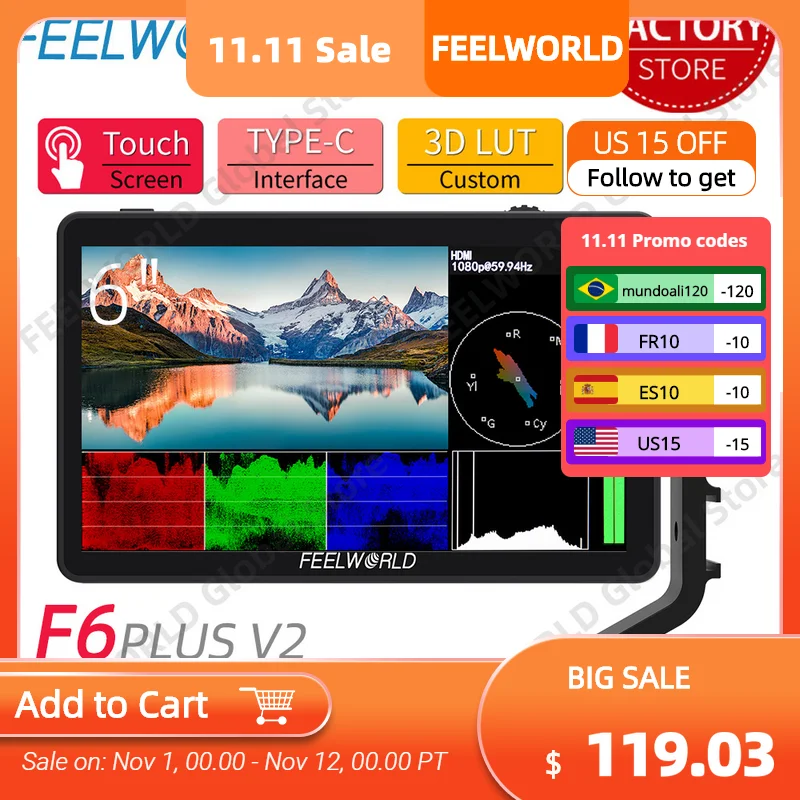

Монитор для камеры Feelworld F6 PLUS V2, 6 дюймов, 4K HDMI, сенсорный экран IPS Full HD 1920x1080, для цифровой зеркальной камеры