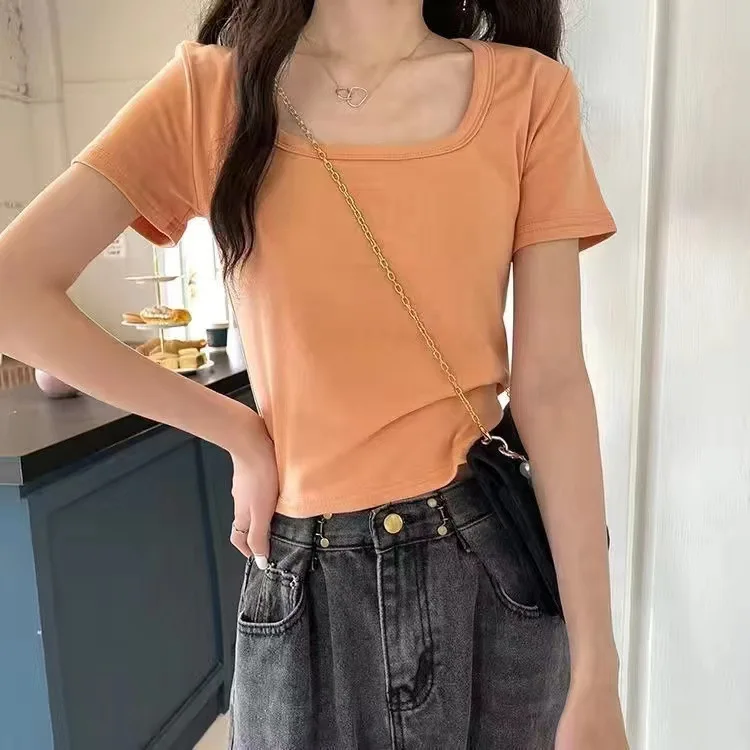 

Solid color summer square neck short sleeve T-shirt gray