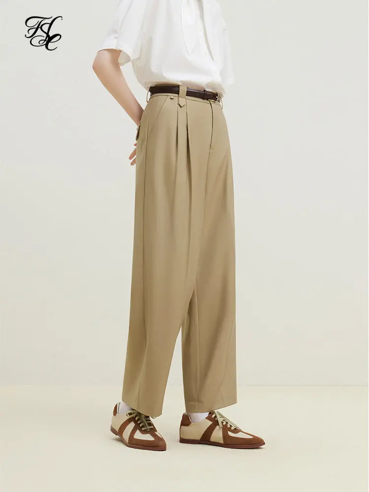 FSLE 【With Belt】Women Khaki Commuter Cropped Trousers Pleated Design Women Twill Drape Summer Suit Pants 2023 Female Pant