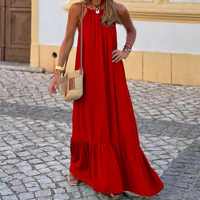

Holiday Beach Solid Loose Boho Maxi Dress Women Sexy Halter Off Shoulder Long Party Dress Spring Summer Sleeveless Pleated Dress