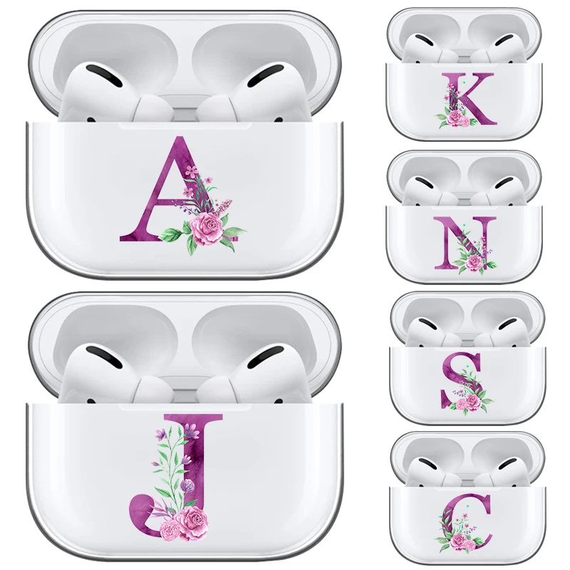 

Purple Flower A-Z Letter Soft Transparent TPU Case for Apple Airpods Pro 3 2 1 Bluetoooth Wireless Airpod Cases Earphone Cover
