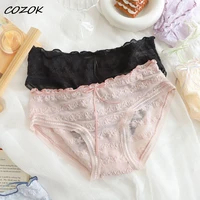 cozok 2022 womens cotton underwear briefs mid waist seamless girls underpants cute panties female lingerie lace plus size