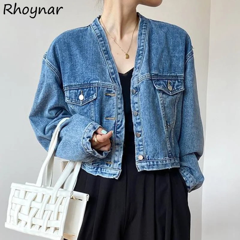 

Basic Jackets Women Spring Daily Washed Design V-neck Vintage Korean Style Loose Chic Fashion Crop All-match Simple Leisure New