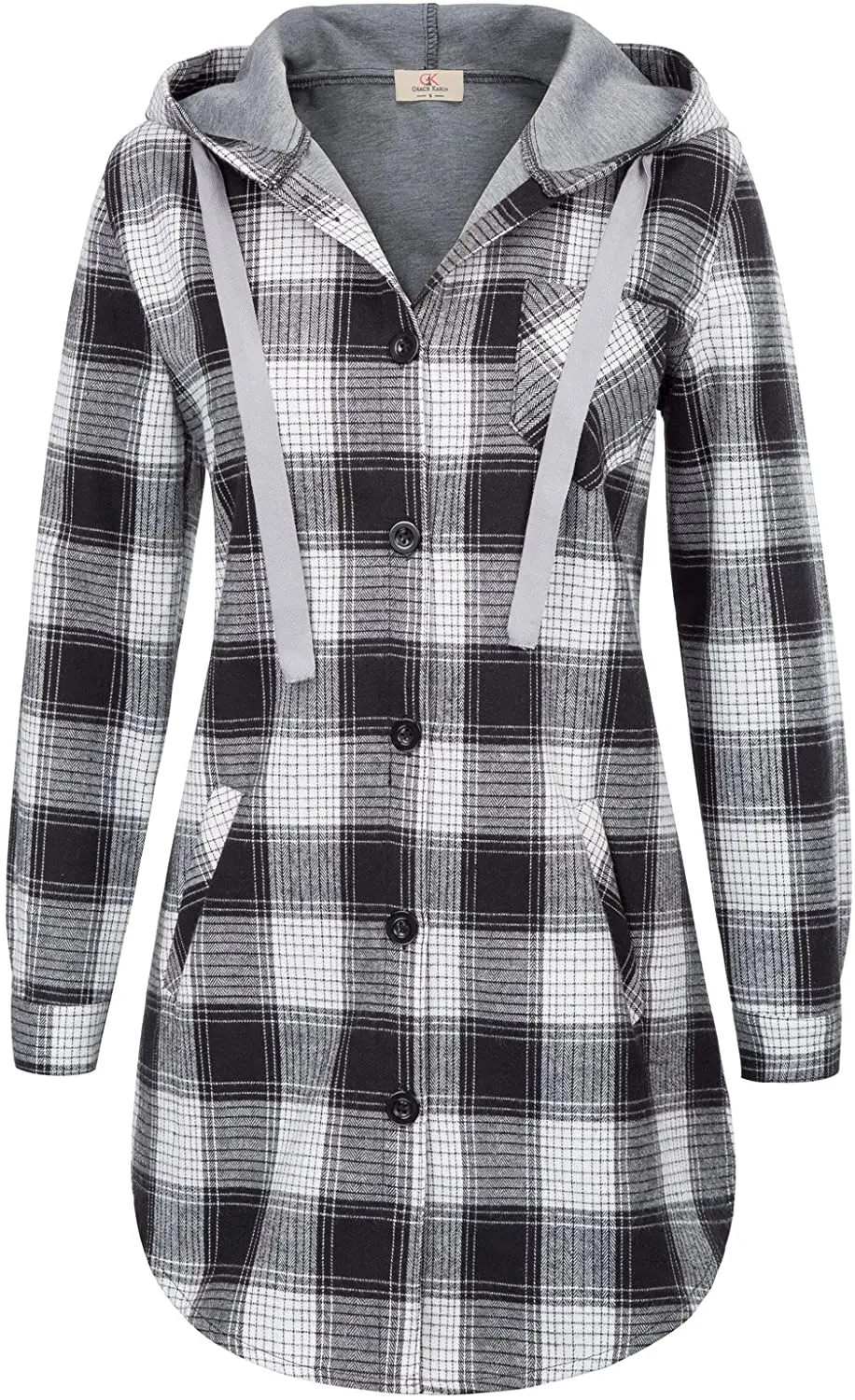 Women Flannel Plaid Button Down Top with Pockets Long Sleeve Hooded Jacket