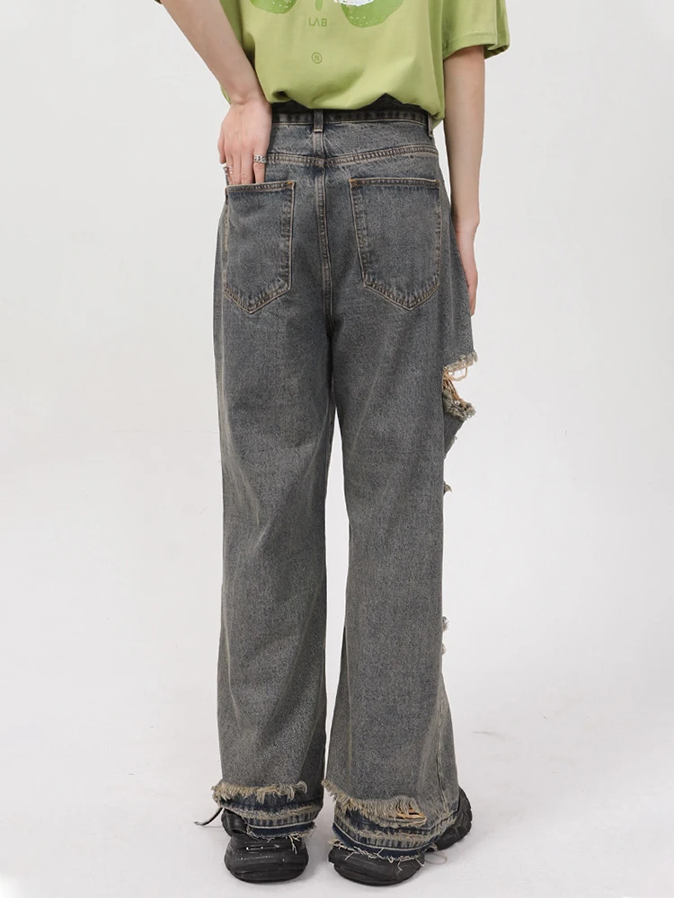 HOUZHOU Vintage Distressed Jeans Pants Men Ripped Jeans for Men Y2K Blue Denim Trousers Male Retro Japanese Streetwear Hip Hop