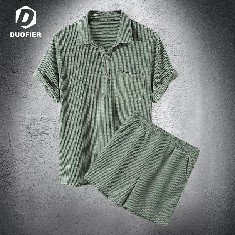 

Комплект рубашки для мужчин в гавайском стиле, однотонный комплект из двух предметов, свободная уличная одежда, повседневный модный пляжный костюм с шортами для отдыха и дома, лето