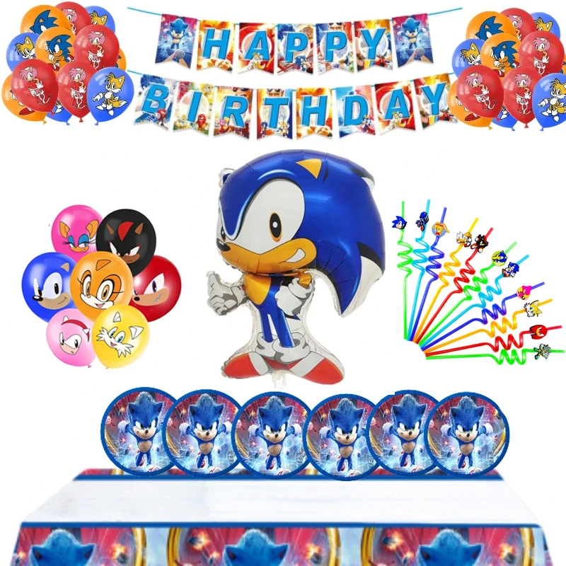 

Cartoon Sonic Hedgehog Disposable Tableware Candy Box Kids Birthday Party Supplies Sonic Balloons Set Boys Girls Baby Shower