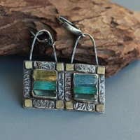 ethnic tribal green blue crystal stone dangle earring vintage jewelry big geometric bag lock shaped hanging earrings for women