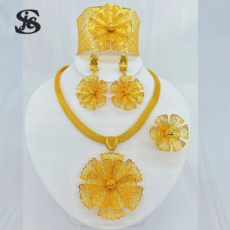 

Dubai New Design Fashion Jewelry Hollowed Out Gold Plated Flower Shaped Zinc Alloy Set For Women Wedding Party Daily Wear