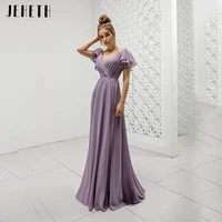 jeheth grey purple v neck chiffon evening dresses formal short ruffles sleeves lace up backless prom gowns floor length vestidos
