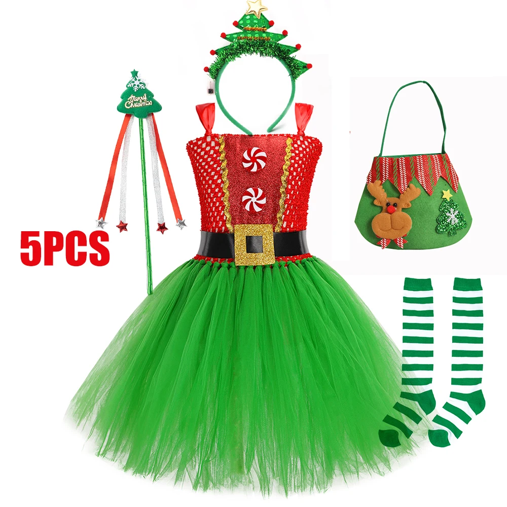 Kids Christmas Tutu Dress for Girl Green Costume Mesh Fluffy Vestidos Xmas Performance Children Clothing New Year Party Outfits
