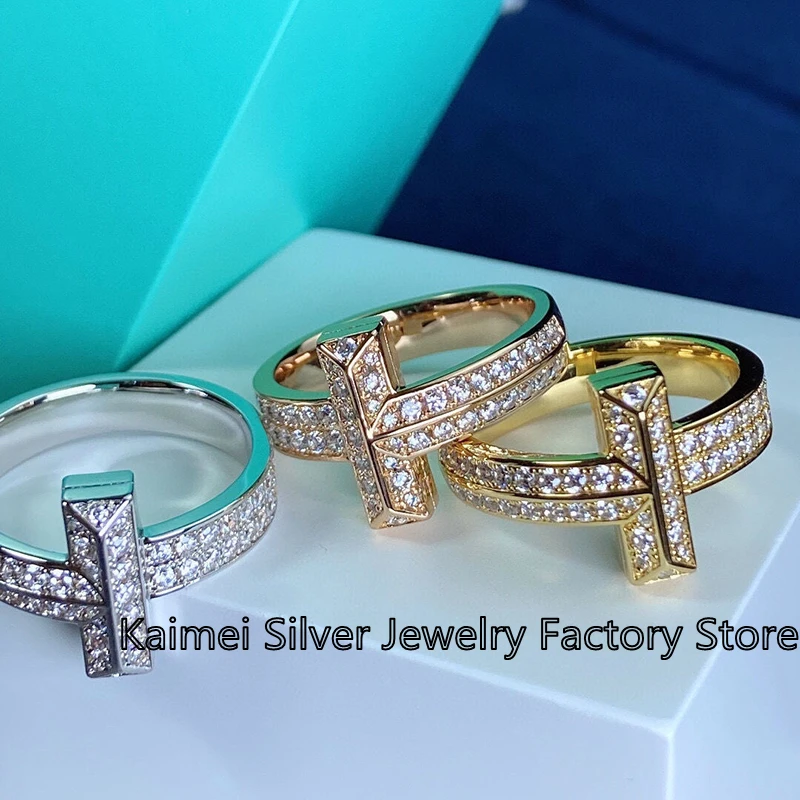 

Tif Original s925 Sterling Silver Ring Fashion T Shape Simple Full Diamond Couple Ring Ladies Party Festive Luxury Jewelry Gift