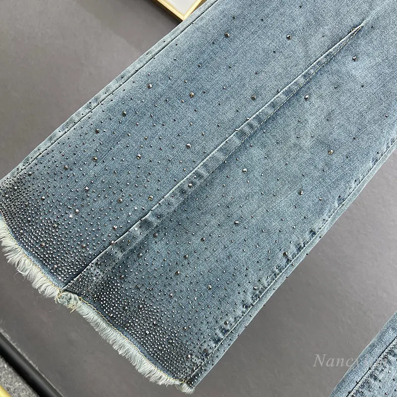 Rhinestone Denim Bell-Bottom Pants Women's Trendy 2023 New Spring Summer Stretchy High Waist Slimming Mop Pants Blue Jeans