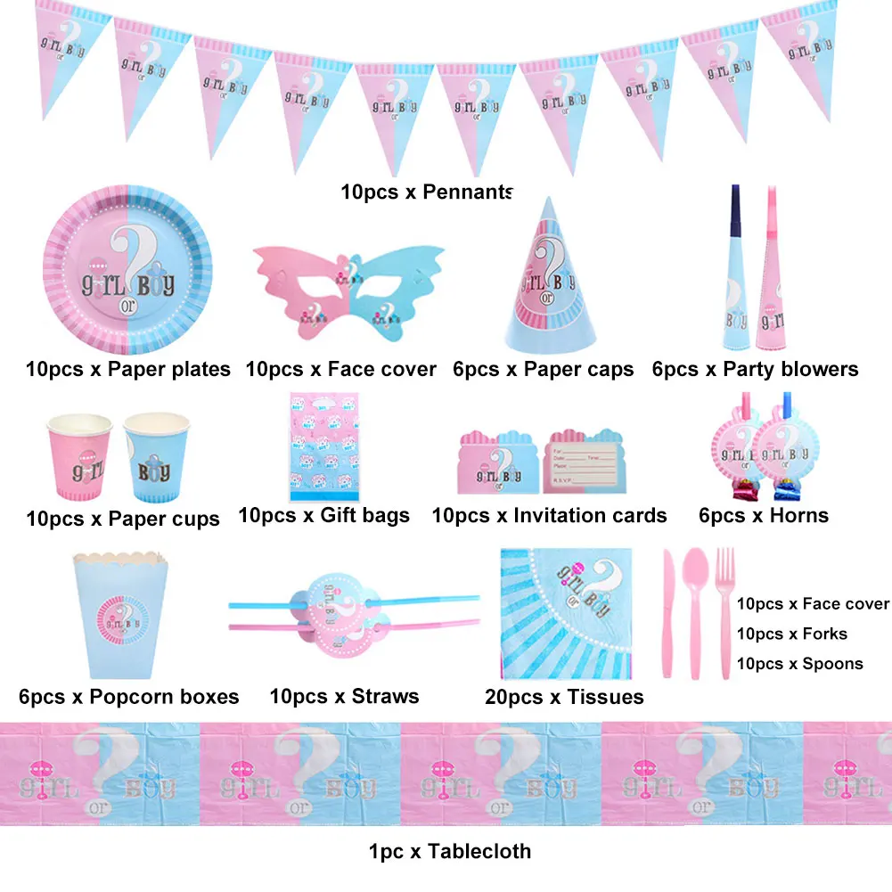 

145pcs/set Boy Or Girl Gender Reveal Party Decoration Invitation Card Baby Shower Tablecloth Home Plates Cups Straws Napkins