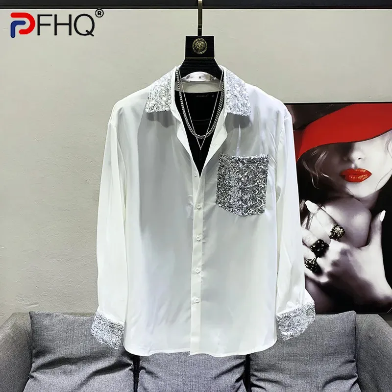 

PFHQ Sequin Patchwork Elegant Men's Shirts Long Sleeve Light Luxury Handsome Pockets Tops Autumn Trendy Free Shipping 21F2028