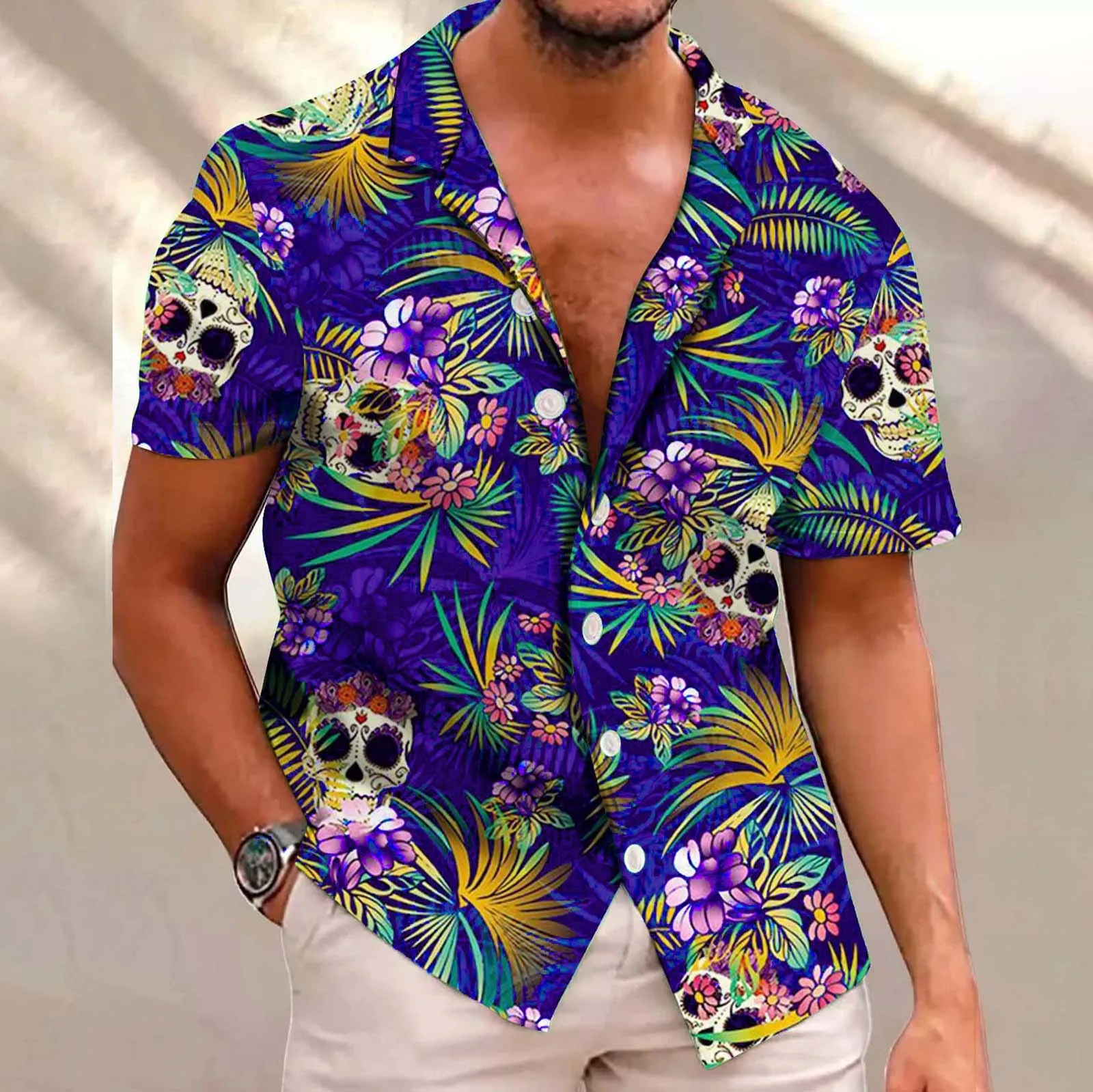 

Vintage Skull Printed Men Shirt Short Sleeve Turn-Down Collar Punk Hawaiian Shirts Fashion Csaual Harajuku Casual Shirt Beach