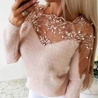 floral pattern stitching sweater womens lace mesh sexy slim knit warm long sleeved suit elegant winter vintage sweater top