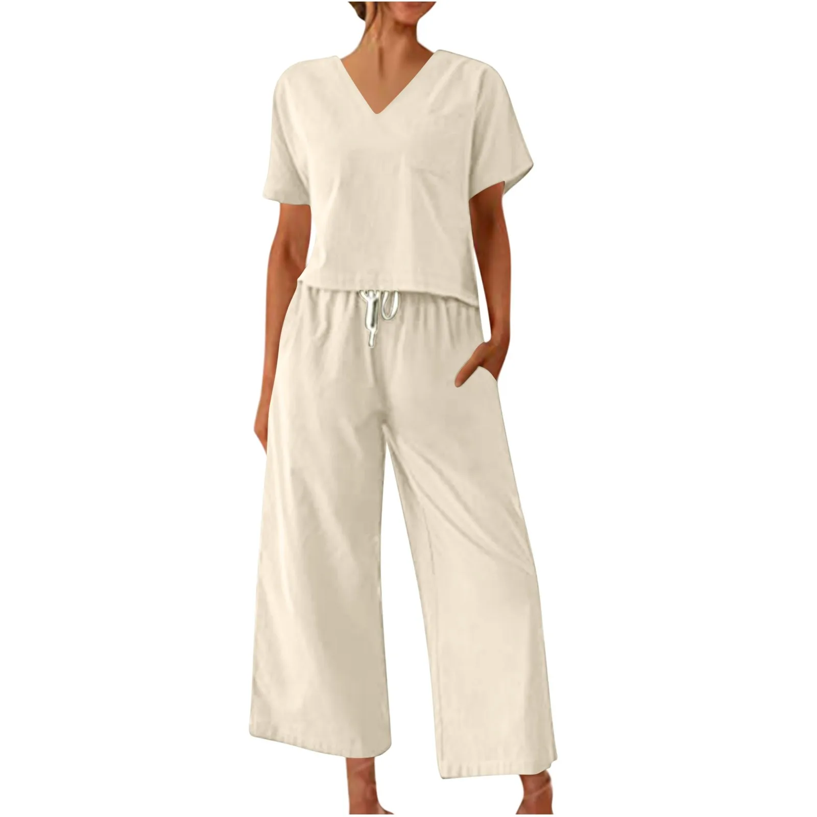

Women Two Piece Cotton Suit Fashion Comfortable Short Sleeve And Long Pants Solid Color Casual Loose oversized Summer Sets Top