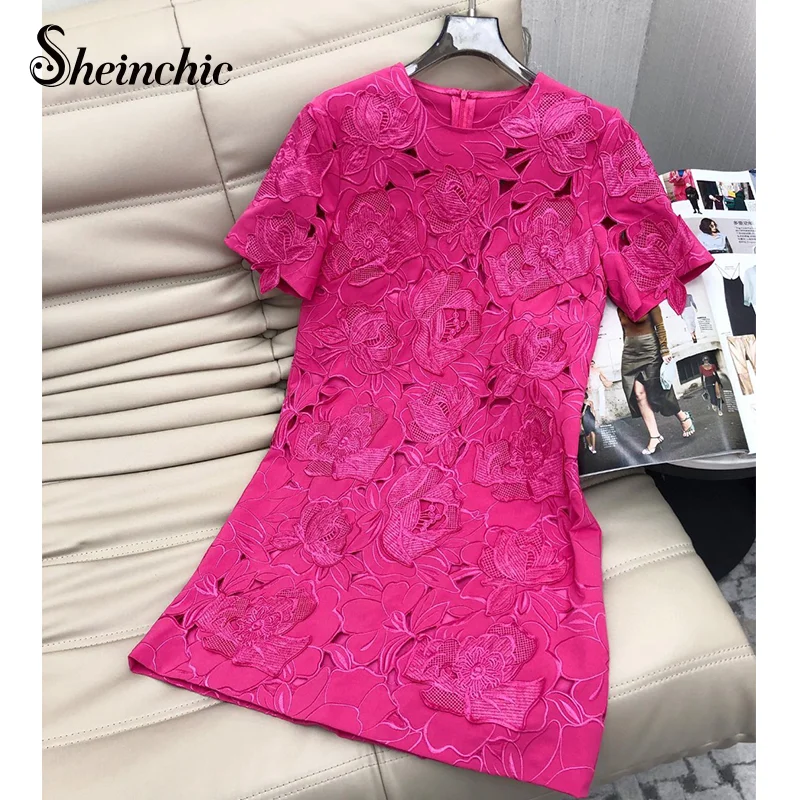 Elegant Floral Embroidery Dress for Women 2023 Summer Casual O-neck Short Sleeve Pink White Lace Dresses Vestidos Para Mujer