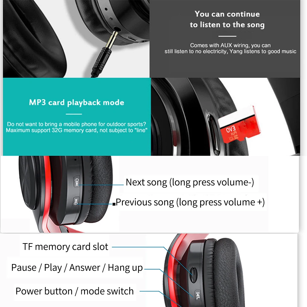 B39 Bluetooth 5.0 Headphone Wireless Colorful Light TF Card Stereo Headset with Mic Folding Subwoofer Headset Earphones images - 6