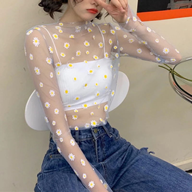 

Summer Autumn Women Casual Mesh Pattern Daisy Flower Printed Tops Girls Mesh Shirts See Through T-Shirt For Female
