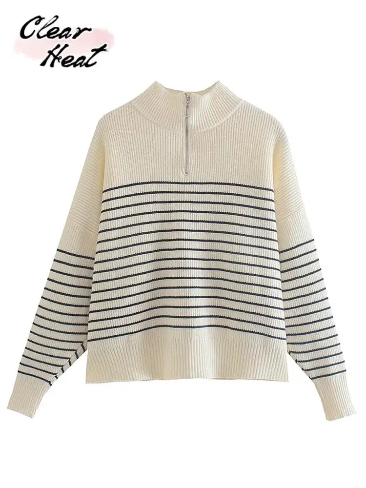 

Women Striped Zipper Knitted Sweater Fashion Chic Stand Collar Long Sleeve Loose Pullover 2023 Female High Street Casual Tops