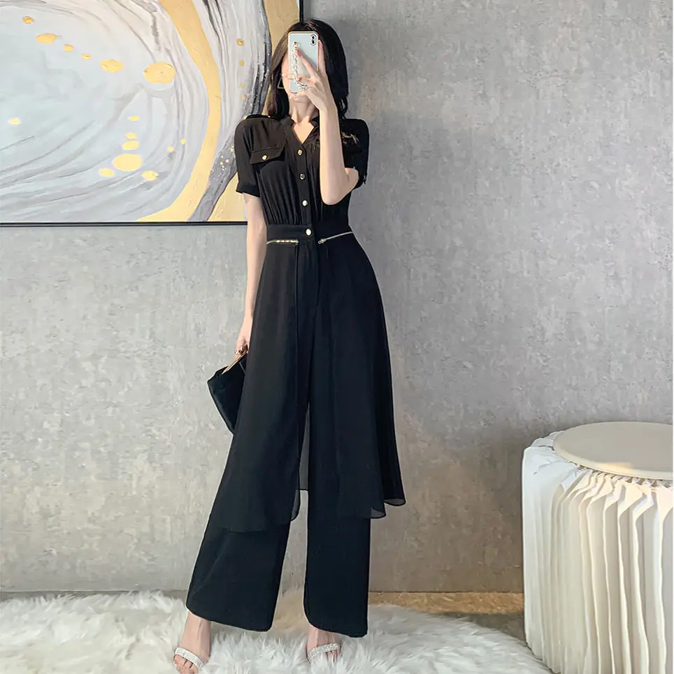 

Women 2022 Spring Autumn Elegant Short Sleeve Jumpsuit Female Chiffon One Piece Overalls Pants High Waist Office Lady Romper F15