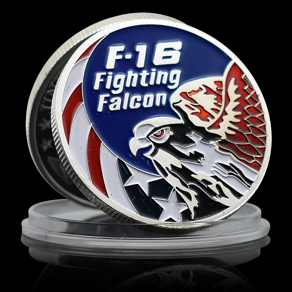 

US F-16 Silver Coin Fighting Falcon Metal Military Badge America Air Force Challange Coin in Capsule Festival Gift