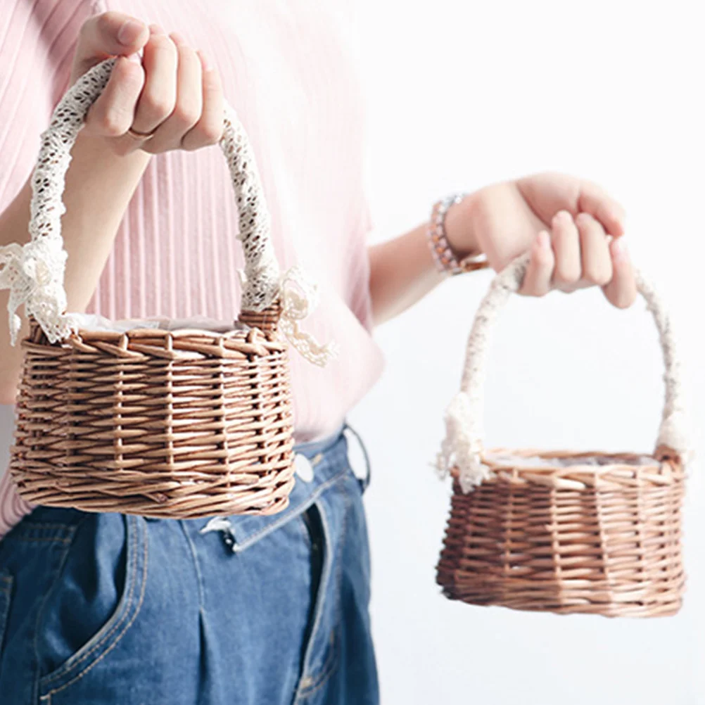 

Basket Flower Wicker Woven Baskets Wedding Rattan Storage Picnic Girl Candy Gift Lace Easter Handle Hamper Fruit Container Egg