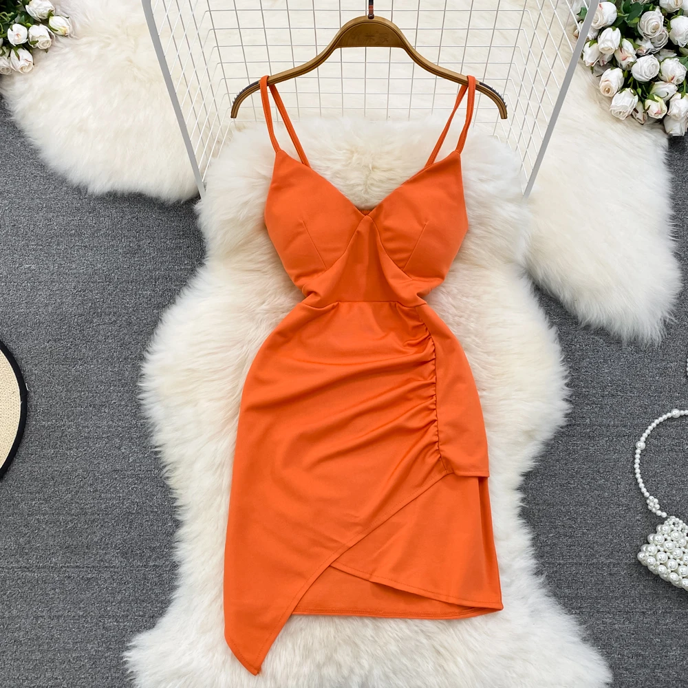 

Sexy Women Dress Fashion Temperament Deep V Neck Sleeveless Irregular Short Package Hip Mini Dresses