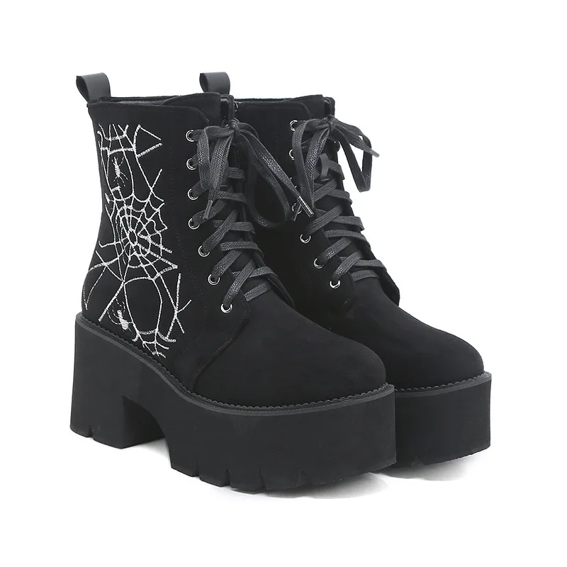 

Gothic Cobweb Platform Ankle Boots Martin Boots Suede Side Zipper Lace Up Combat Booties Fashion Female Cosplay Shoes Large Size