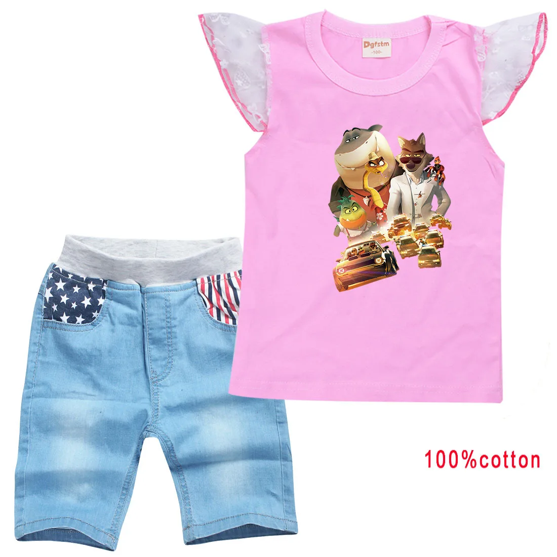 

The Bad Guys Clothes Kids Summer Clothing Baby Girls Lace Flying Sleeve Cotton Tshirt + Short Jeans 2pcs Sets Teens Boys Outfits