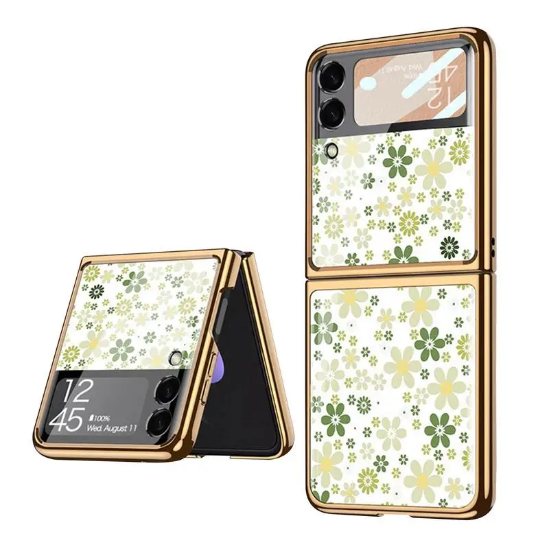 

Ultra-Thin Tempered Glass Painted Case Floral For Samsung Folding Phone Electroplated PC Back Cover Protection