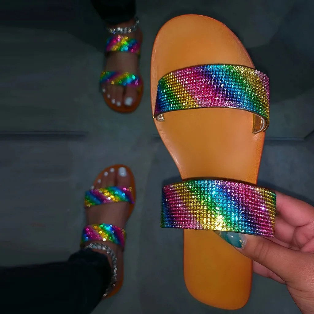 

Flats Shoes Roman Crystal Slippers Casual Summer Beach Women Flip-Flops 2022 Summer Non-slip Sandals Fashion Female Slides Mules