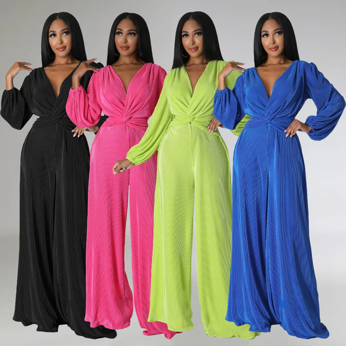 Pleated Jumpsuits Women Temperament Commuter Long Sleeve V Neck Tops Wide Leg Pants Soild Color Romper Casual 2023 Summer New
