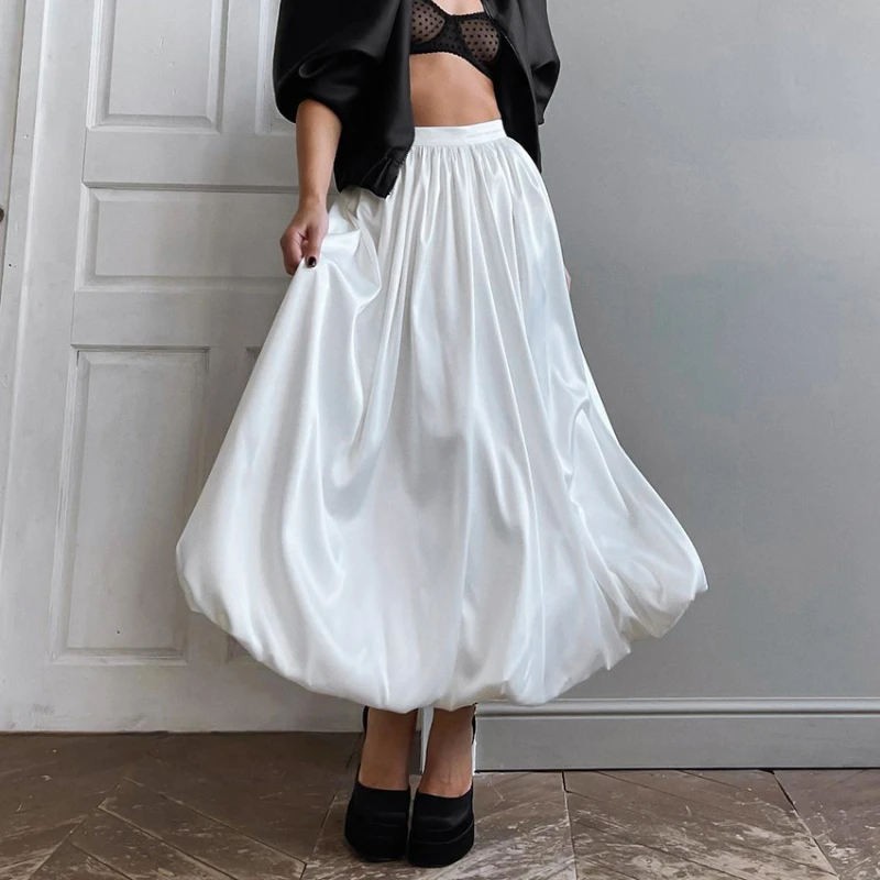 

Long Skirts Women 2023 Spring Summer Satin High Waist A-line Drape Skirt Fashion Elegant Simple Zipper French Tutu Skirts